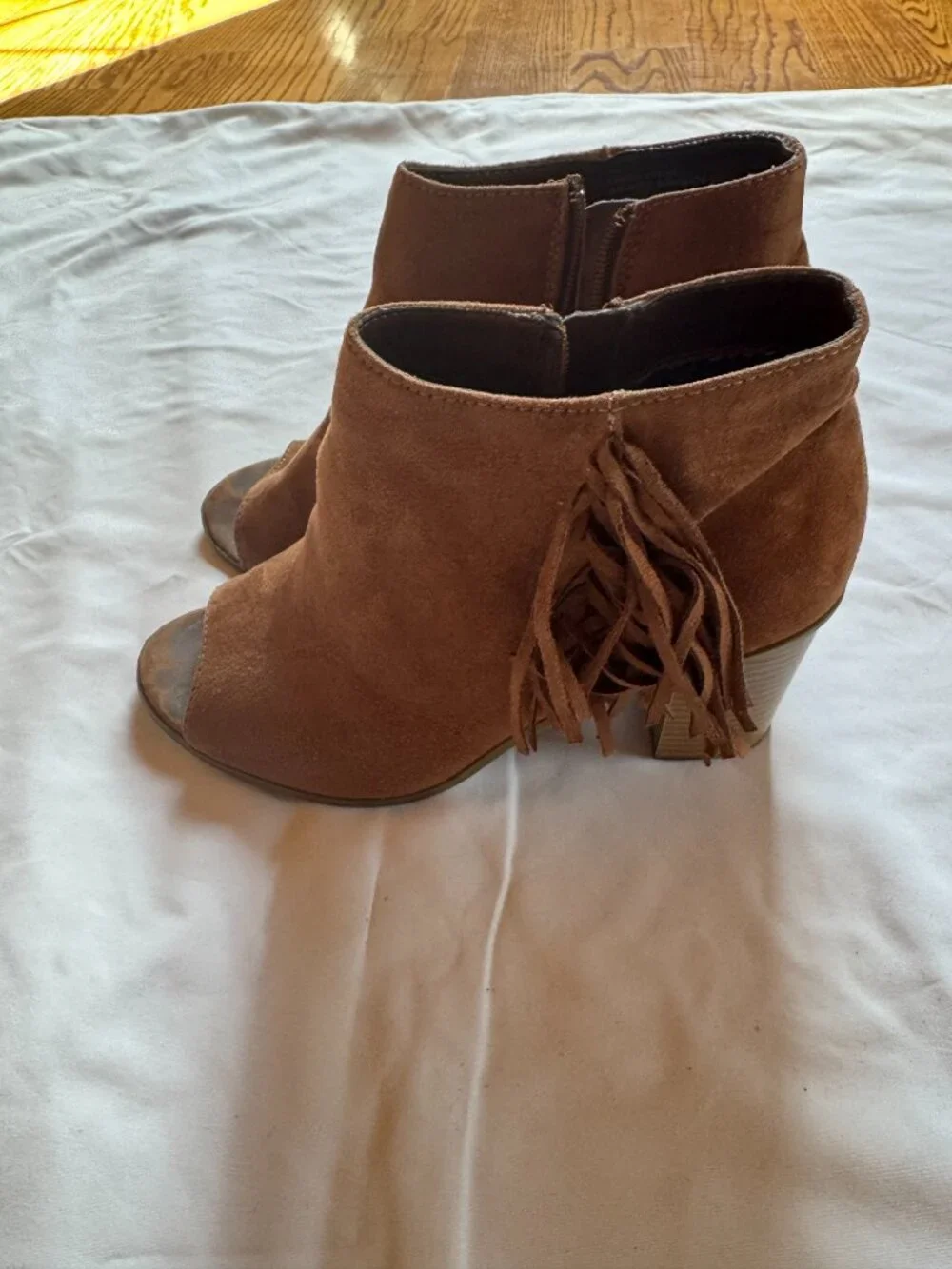 Brown Suede Fringe Peep Toe Ankle Booties Size 8.5